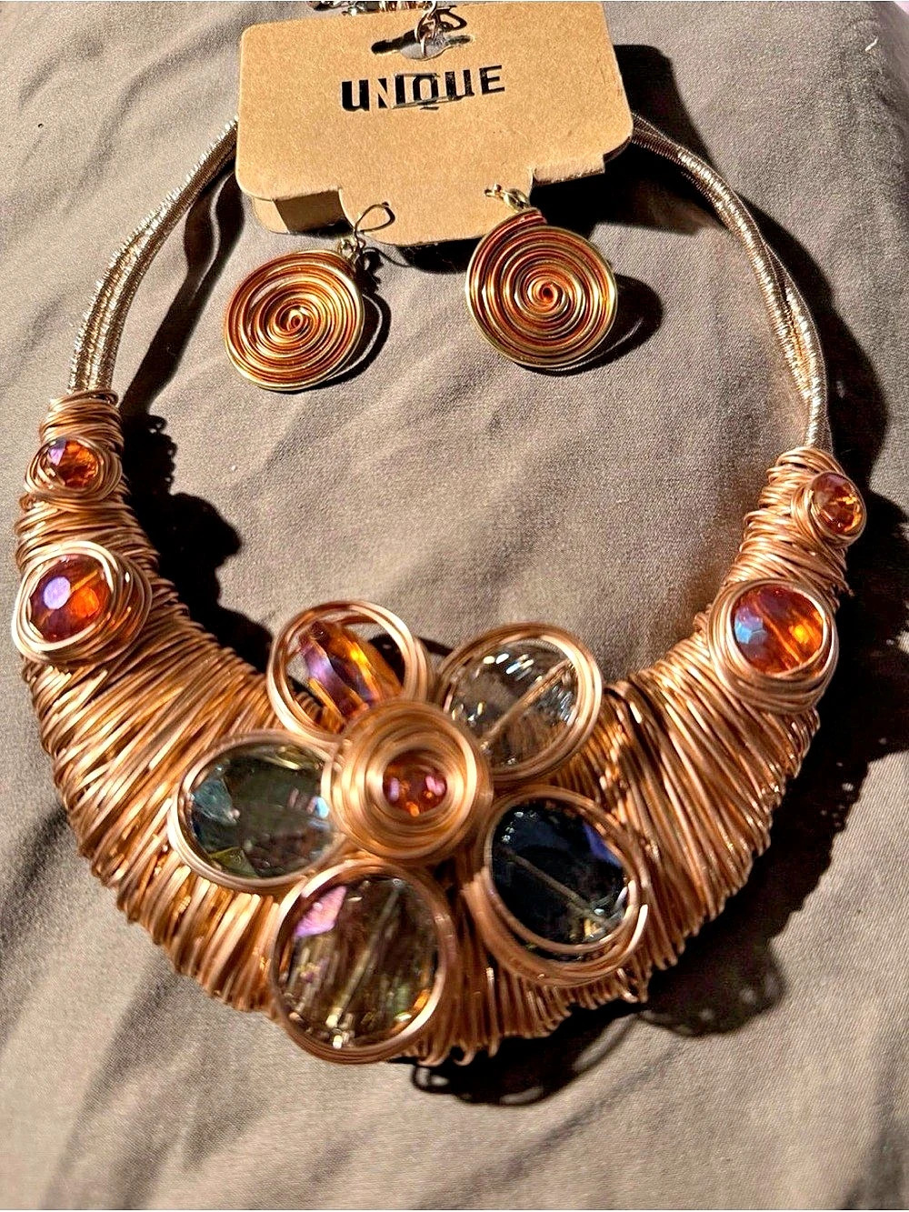 Unique Copper Wire-Wrapped Statement Necklace & Earrings w/ multicolored beads